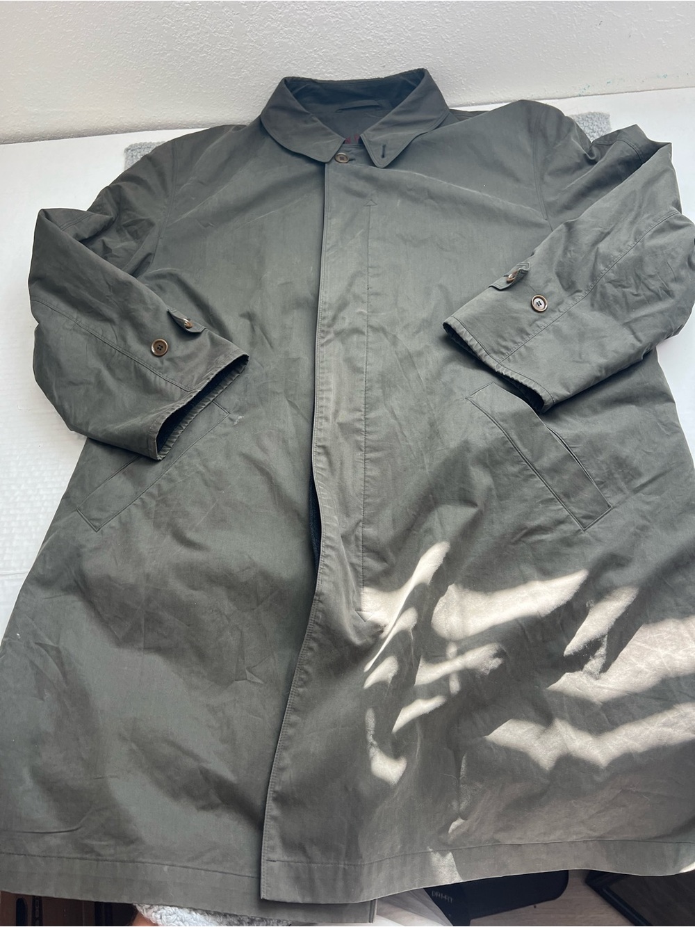 Schneider Salzburg Olive Green Trench Coat Mens 42S Long Coat Wool Blend Lined